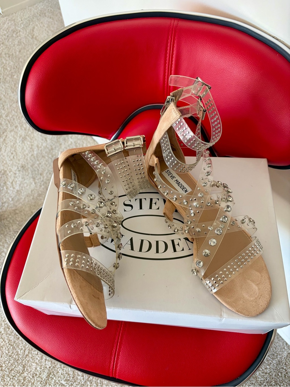 Steve Madden Clear Studded Strappy Gladiator Sandal - Silver Accents - Picture 3 of 10